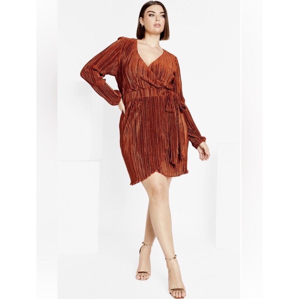 City Chic Macie Dress Gingerbread 3X Crinkle Pleated Modern Glam Autumn Romantic